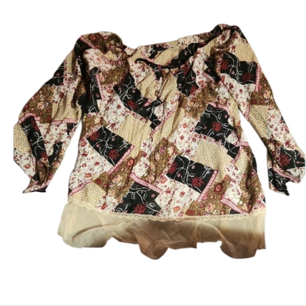 Vintage Sheer Floral Patchwork Off-Shoulder Top Jrs Lg?